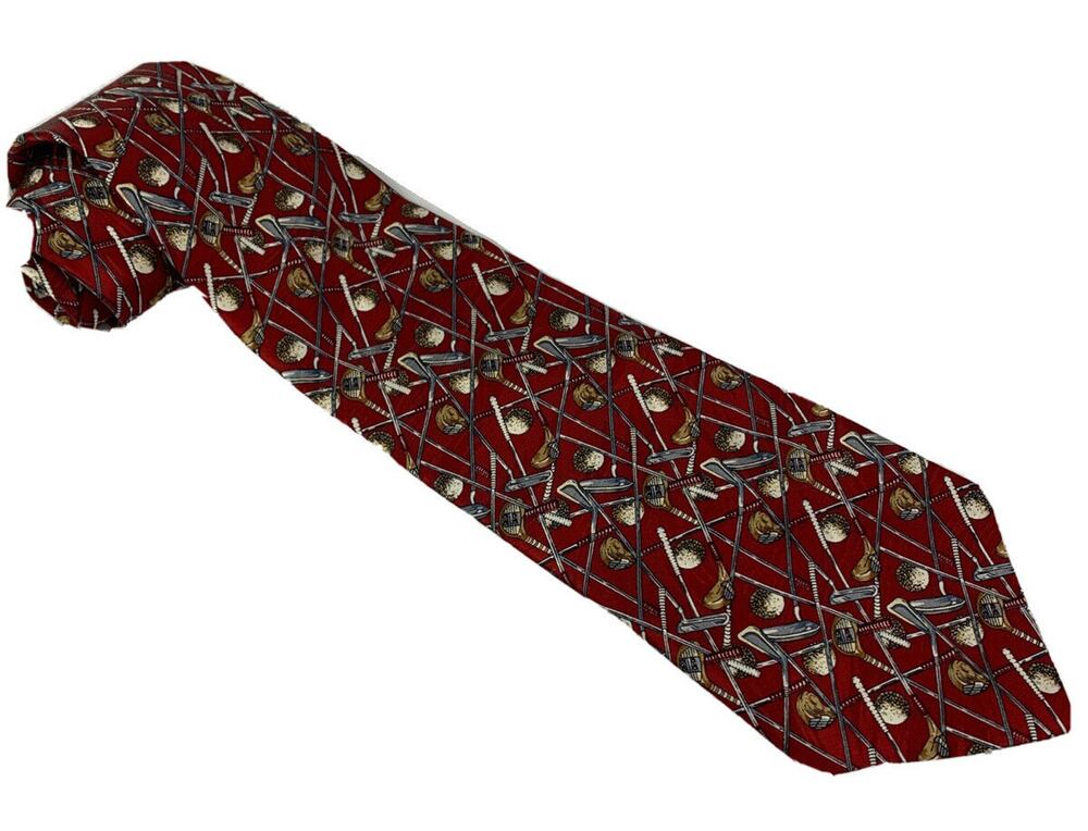 Museum Artifacts Men's Silk Necktie 58" Tie Vintage Golf Club Theme Burgundy Red